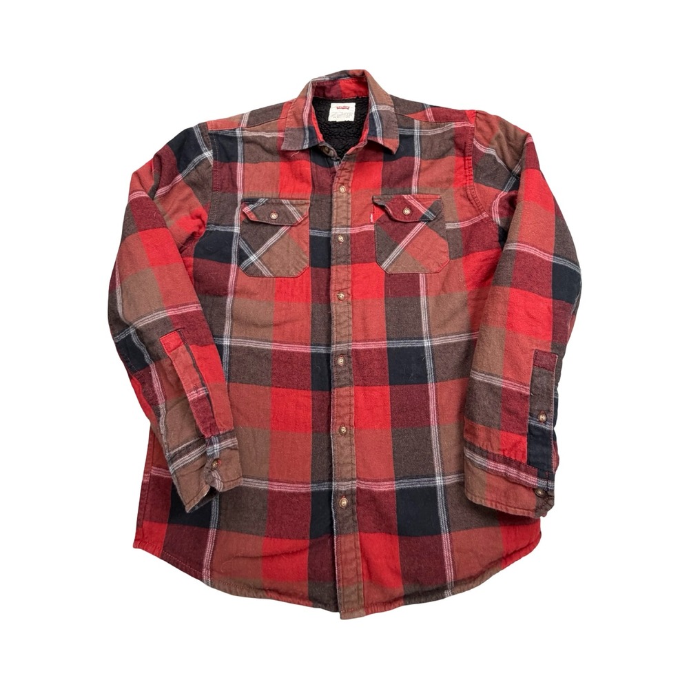 Levi's Flannel Shirt Jacket Mens Small Red Plaid Sherpa Lined Cotton Workwear - Picture 1 of 11